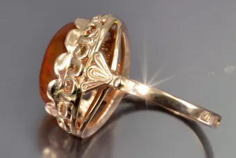 Soviet 14k 585 Zlatý Ruský Ring of Pink Gold s Amber Vrab054