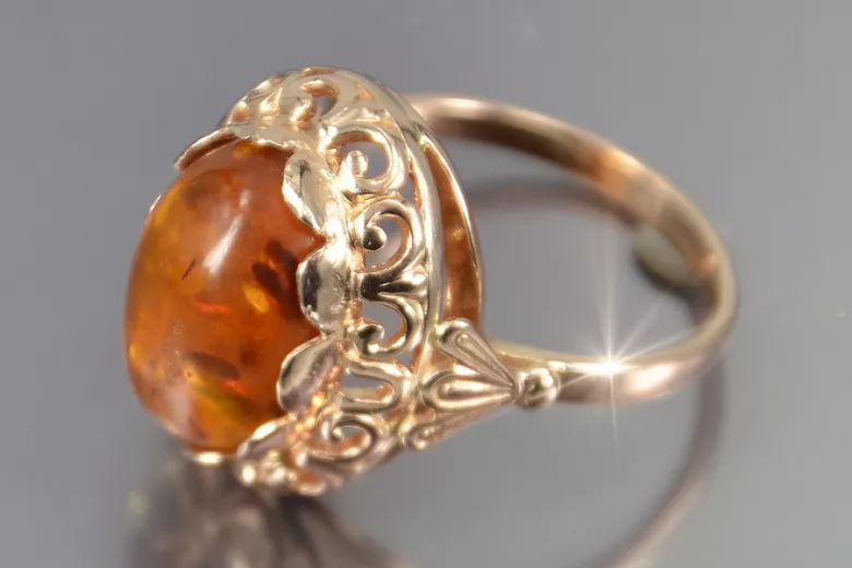 Russian rose Soviet pink USSR red 585 583 gold amber ring vrab054