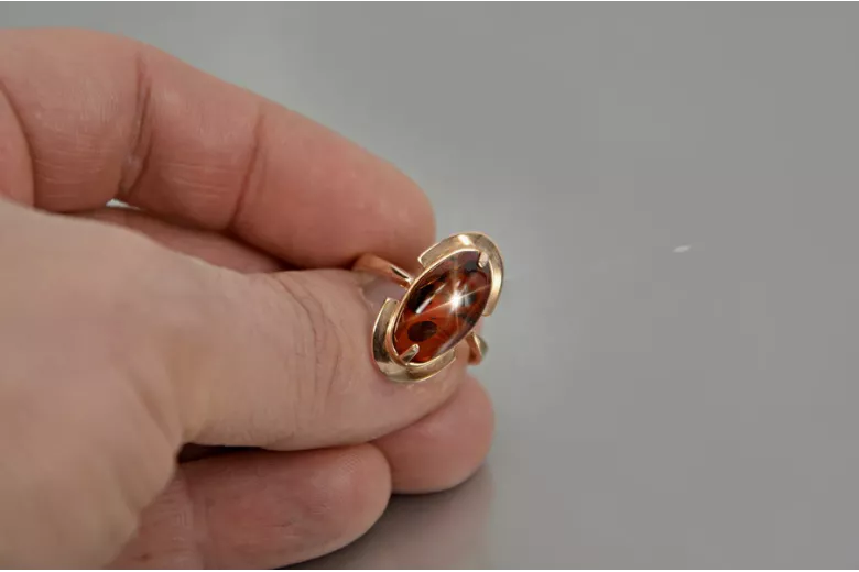 Radziecki 14k 585 złoty Rosyjski pierścionek z różowego złota z bursztynem  vrab055