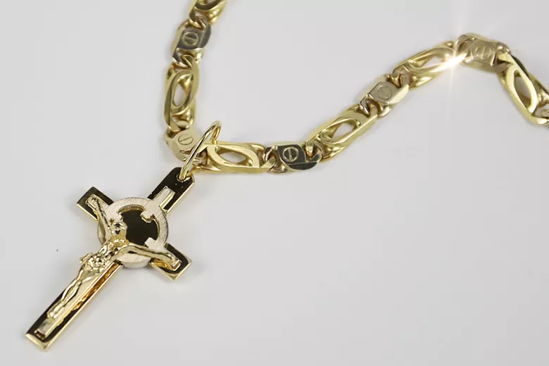 Croix catholique italienne jaune blanc 14 carats & Chaîne élégante