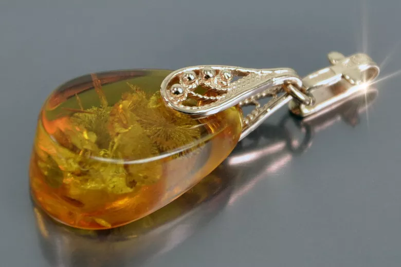 Vintage rose 14k 585 gold amber pendant vpab002
