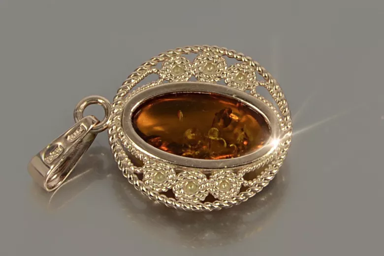 Vintage rose 14k 585 gold amber pendant vpab004