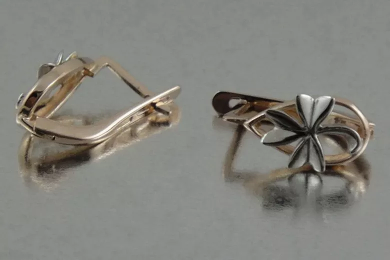 Růže růžová 14k 585 zlatých listů náušnice ven143 ruský sovětský vintage styl
