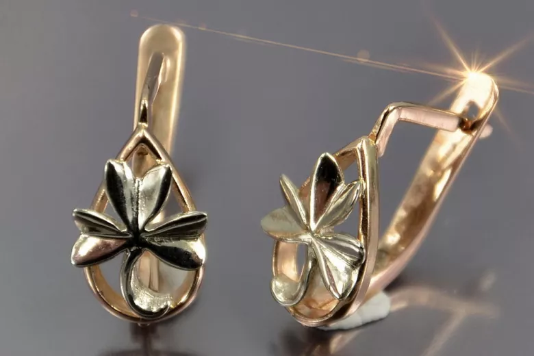 Růže růžová 14k 585 zlatých listů náušnice ven143 ruský sovětský vintage styl