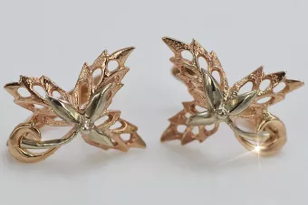 Vintage rožiniai aukso auskariai klono lapelis 14k 585 SSRS Vintage ven177