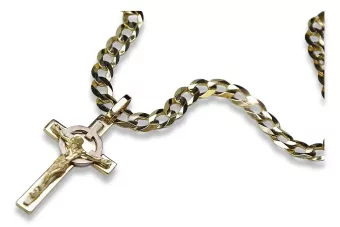Италиански жълт 14k 585 златен католически кръст & гурмета верига 11,8g