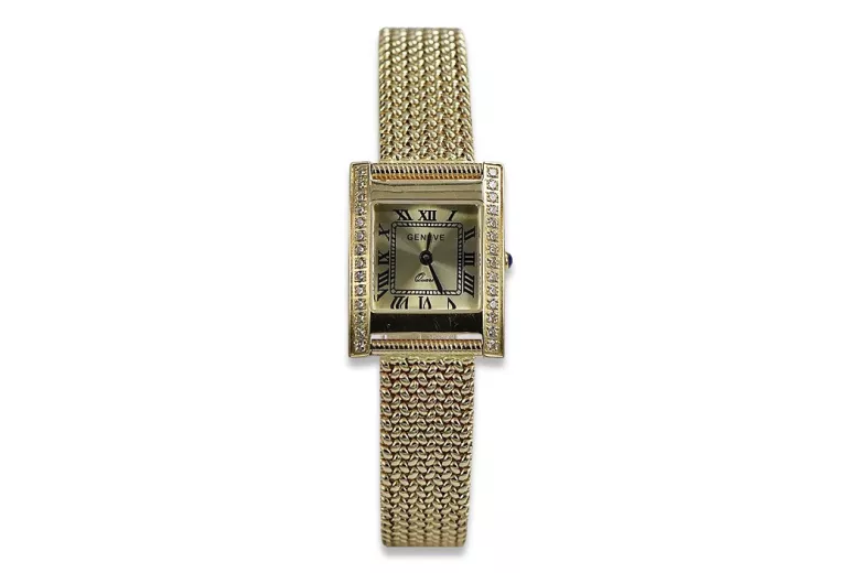 Montre Femme Or 14K, Rectangulaire, Italienne, Zircone