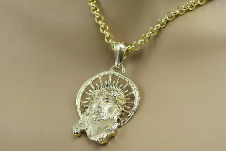 14k 585 Pendentif Jésus en or et chaîne d’ancrage pj008yL&cc003y