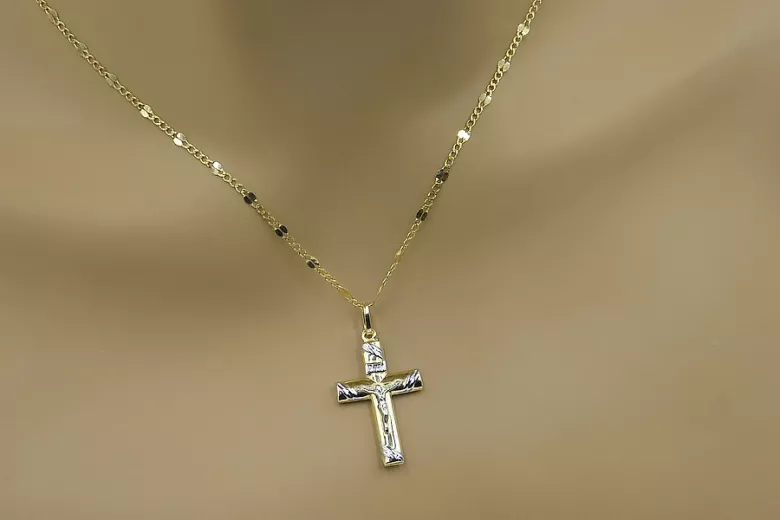 Russische Rose, sowjetisches italienisches gelbes katholisches Kreuz aus 14 Karat Gold, ctc002yw