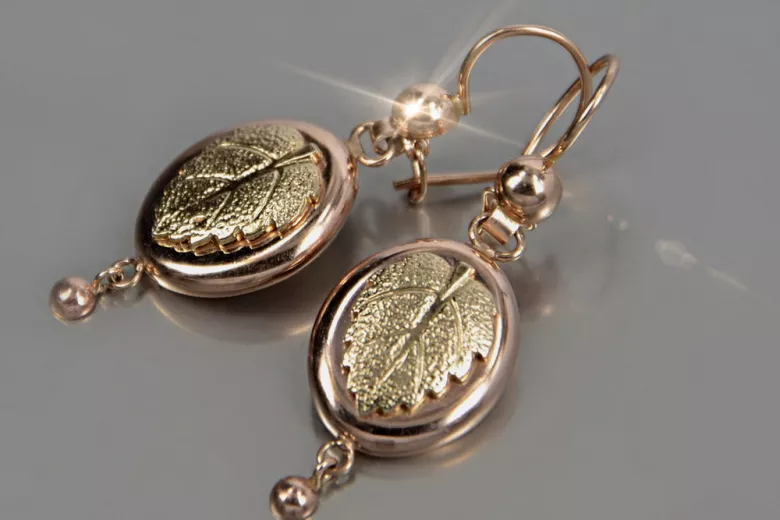 Vintage rose pink 14k 585 gold  Vintage leaf earrings ven045