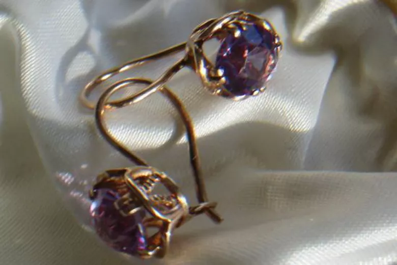 Boucles d’oreilles en or rose soviétique russe 14k 585 vec029 alexandrite rubis émeraude saphir ...