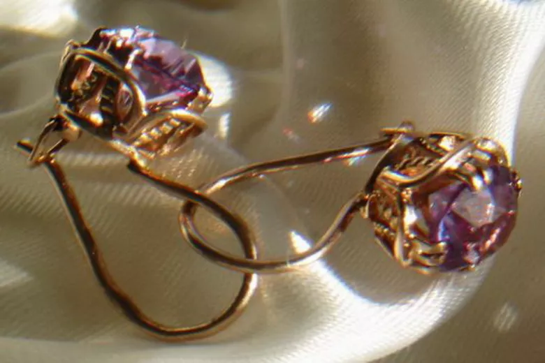 Boucles d’oreilles en or rose soviétique russe 14k 585 vec029 alexandrite rubis émeraude saphir ...