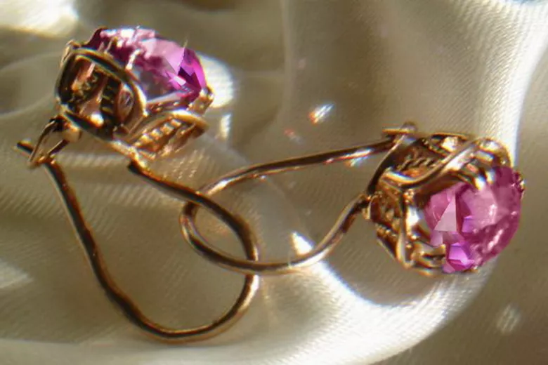 Boucles d’oreilles en or rose soviétique russe 14k 585 vec029 alexandrite rubis émeraude saphir ...