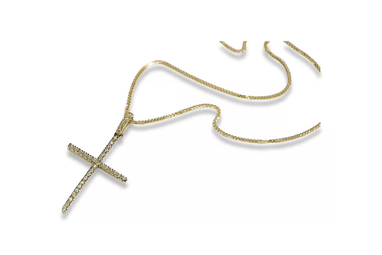 Amarillo italiano de oro de 14k Cruz Católica y cadena Spiga ctc011y&cc035y