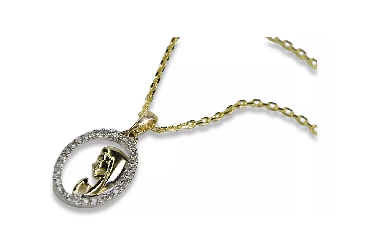 Medallón de la Madre de Dios de oro de 14k y cadena de anclaje pm011y&cc003y
