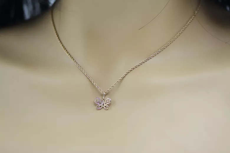 Vintage rose pink 14k 585 gold  butterfly pendant vpn062