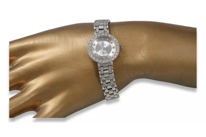 Prześliczny 14k 585 damski zegarek z białego złota lw051w