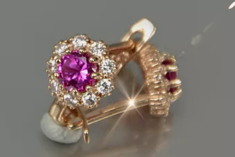 Vintage różowe kolczyki 14k 585 kwiatki z Aleksandrytem Rubinem Szafirem Szmaragdem Cyrkoniami cec004r