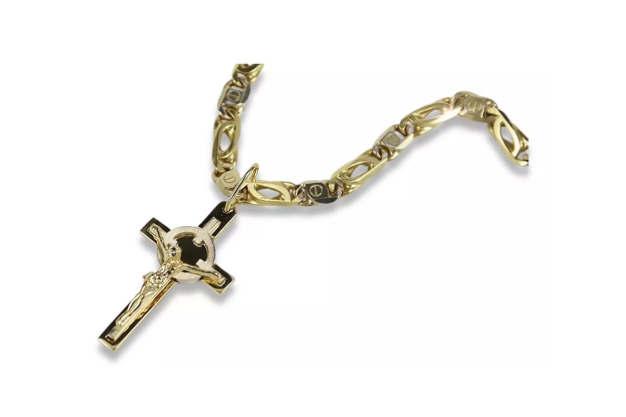 Croix catholique italienne jaune blanc 14 carats & Chaîne élégante