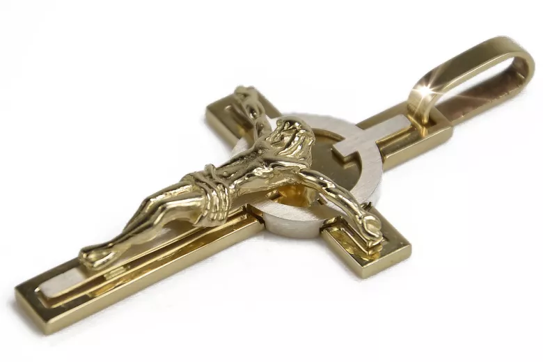 Италиански жълт бял 14k златен католически кръст & Елегантна верига
