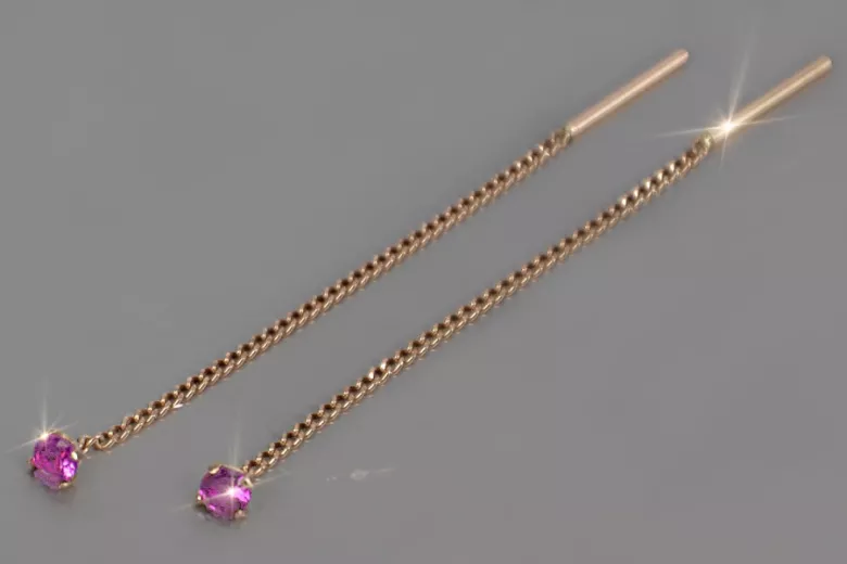 Kolczyki z różowego 14k 585 złota łańcuszki z Cyrkonią cec021r