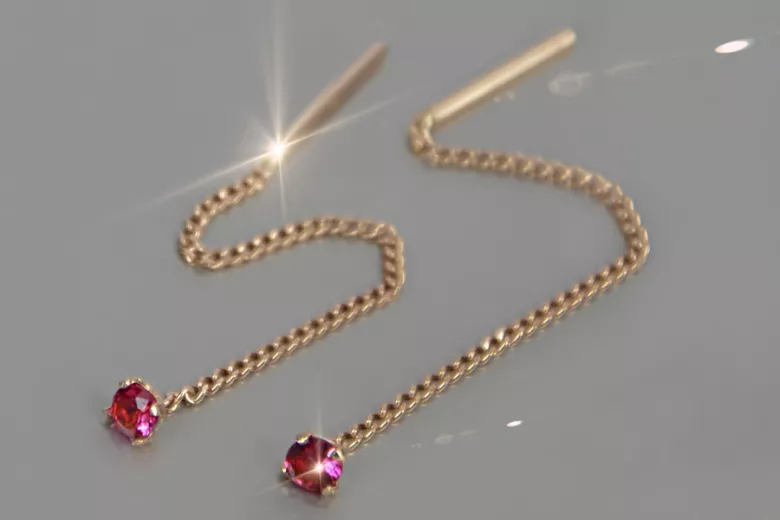 Kolczyki z różowego 14k 585 złota łańcuszki z Cyrkonią cec021r