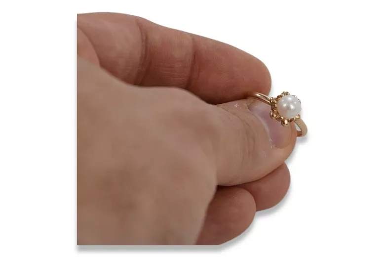 Radziecki 14k 585 złoty Rosyjski pierścionek z różowego złota z perłą vrpr011