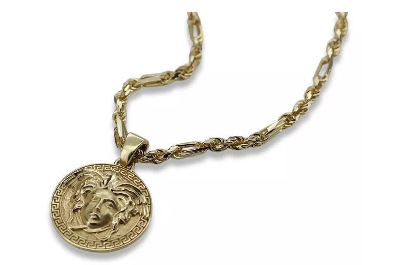 Greek style medallion & Corda Figaro 14k gold chain cpn049y&cc082y