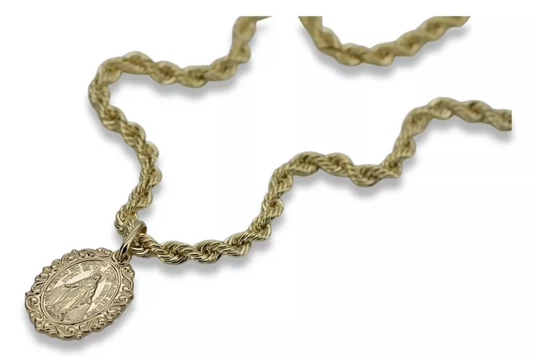 Золото 14k 585 Медальон Богоматери Девы Марии кулон и цепочка Corda pm005y&cc019y