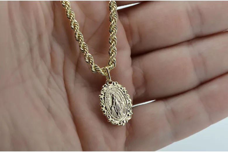 Gold 14k 585 Mother of God virgin Mary medallion pendant & chain Corda pm005y&cc019y