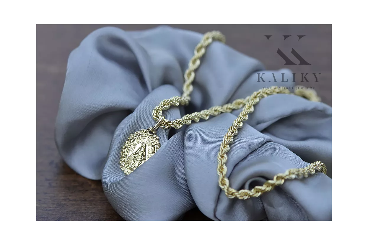 Oro 14k 585 Madre de Dios virgen María medallón colgante y cadena Corda pm005y&cc019y