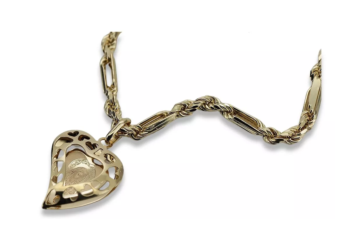 Mother of God virgin Mary 14k gold pendant & Corda Figaro chain pm017yM&cc082y Mother of God virgin Mary 14k gold pendant & Corda Figaro chain pm017yM&cc082y