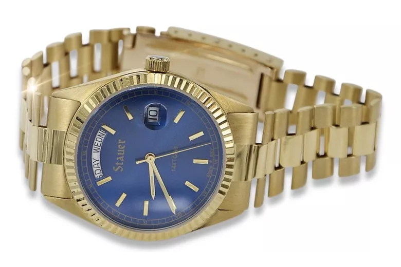 Złoty zegarek z bransoletą męski 14k Geneve mw013ydb&mbw016y niebieska tarcza