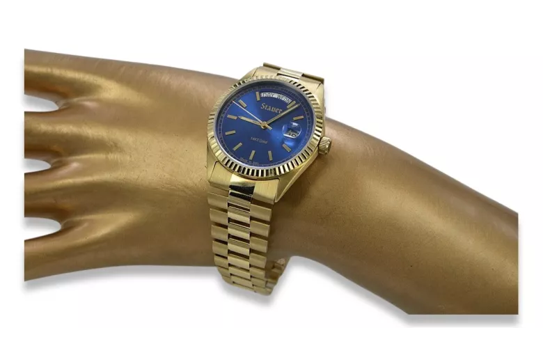 Złoty zegarek z bransoletą męski 14k Geneve mw013ydb&mbw016y niebieska tarcza