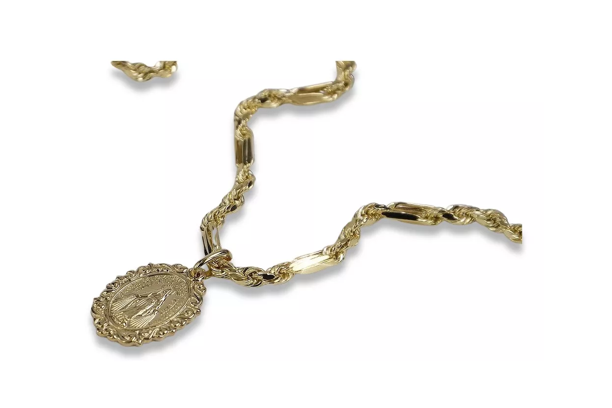 Yellow gold Mother of God medallion & chain Corda Figaro