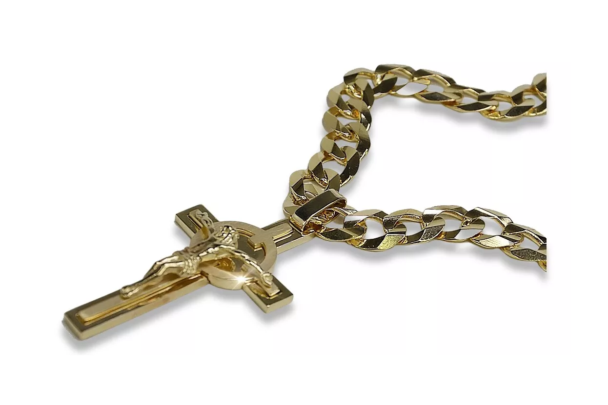 Croix catholique italienne jaune 14 carats et chaîne gourmande