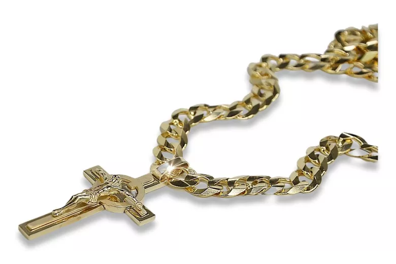 Croix catholique italienne jaune 14 carats et chaîne gourmande