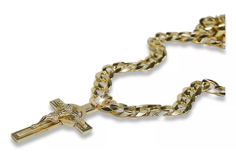 Italian yellow 14k gold Catholic cross & gourmette chain