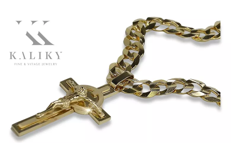 Croix catholique italienne jaune 14 carats et chaîne gourmande