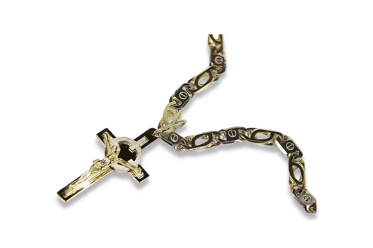 Croix et chaîne catholiques en or jaune blanc 14 carats italien