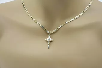 Auksinis kryžius Katalikų geltona balta 14k aukso su grandine