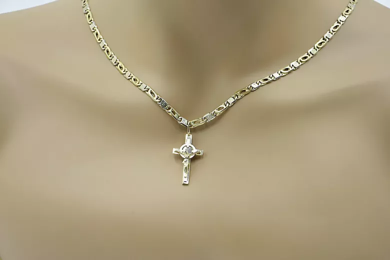 Croix et chaîne catholiques en or jaune blanc 14 carats italien