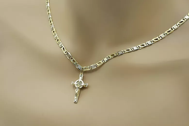 Croix et chaîne catholiques en or jaune blanc 14 carats italien