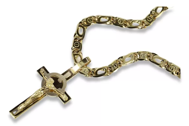 Italian yellow white 14k gold Catholic cross & chain