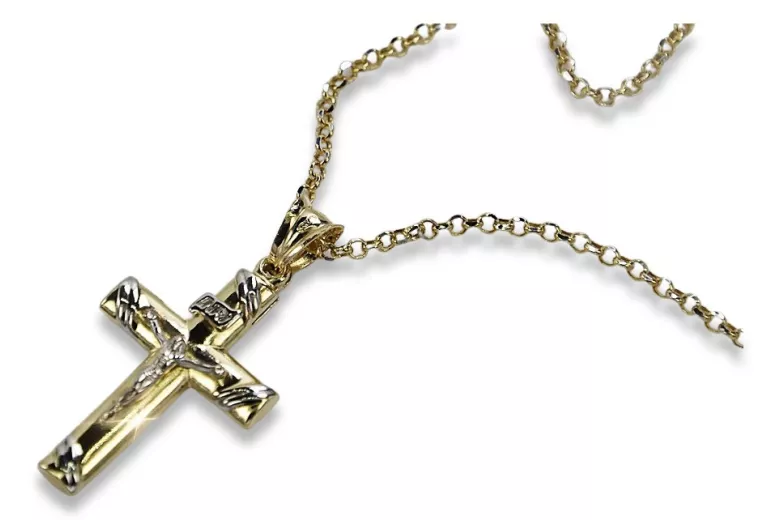 Cruz católica de oro blanco de 14k Iellow y cadena de anclaje ctc002yw&cc003y