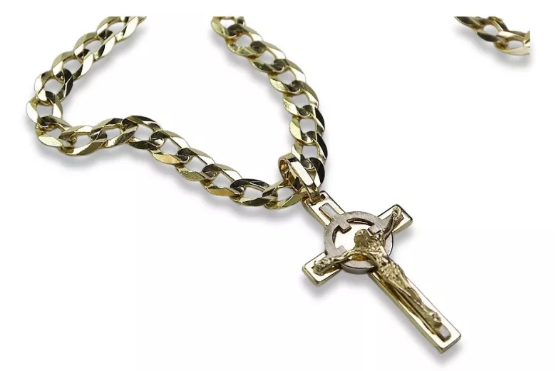 Amarillo italiano 14k oro cruz católica y cadena gourmette ctc010yw&cc001y