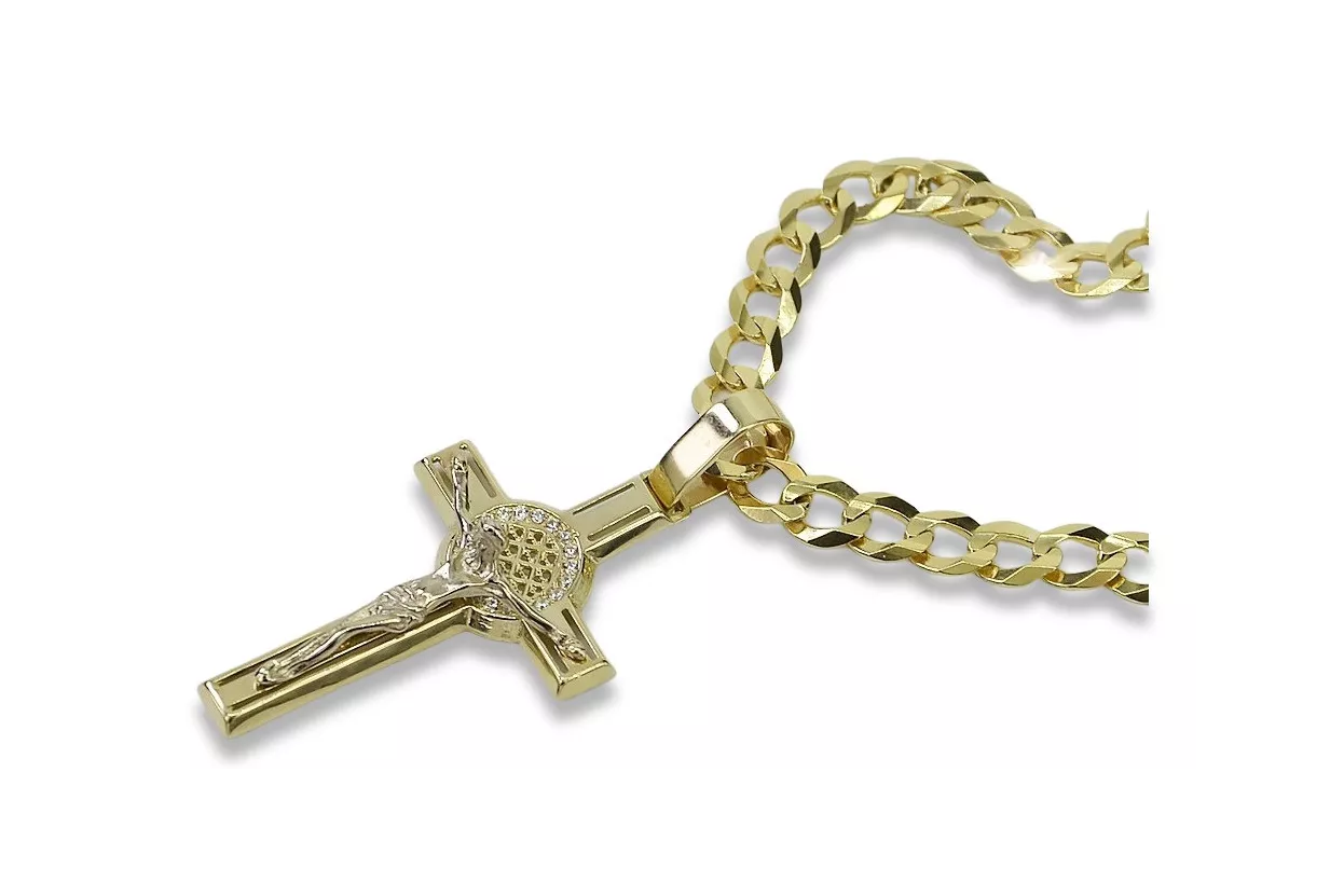 Yellow 14k gold Catholic cross & Gourmette chain ctc024yw&cc001y