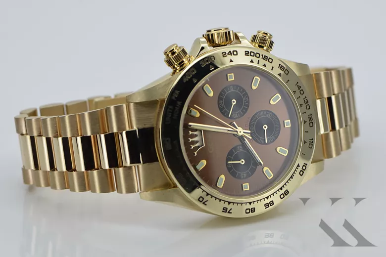 Złoty zegarek z bransoletą męski 14k Geneve mw014ydbr&mbw015y z brązową tarczą