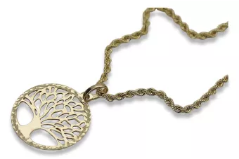 Árbol de la felicidad 14k 585 colgante de oro con una cadena de cuerda cpn056y&cc019y