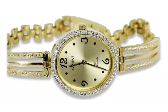 Złoty zegarek damski 14K Geneve, cyrkonia, włoski, 23mm